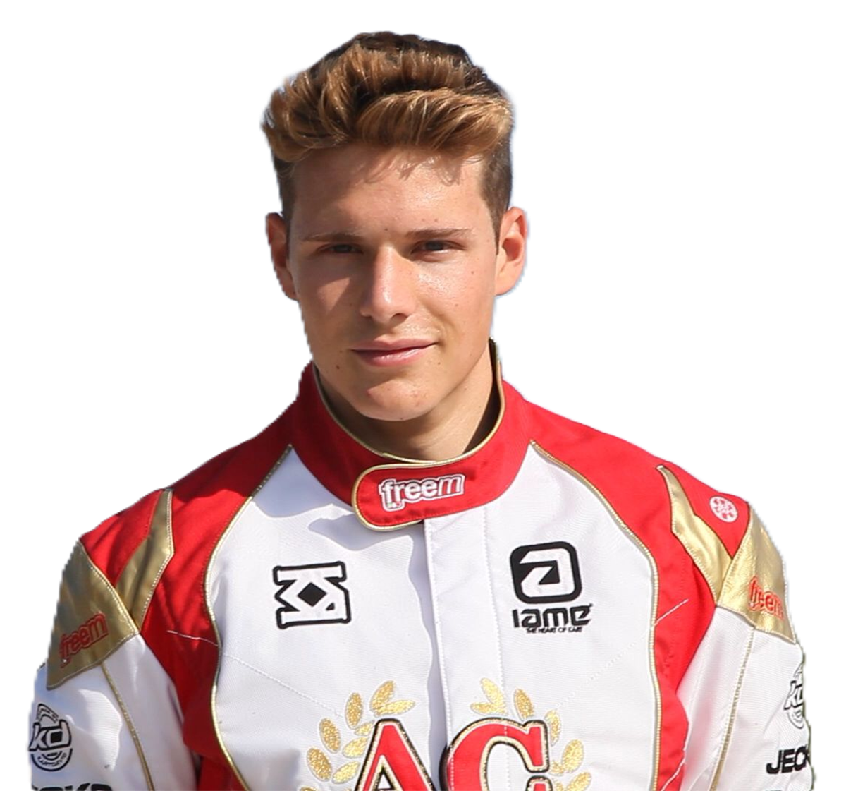 Alejandro Español con el mono de competición rojo, blanco y dorado